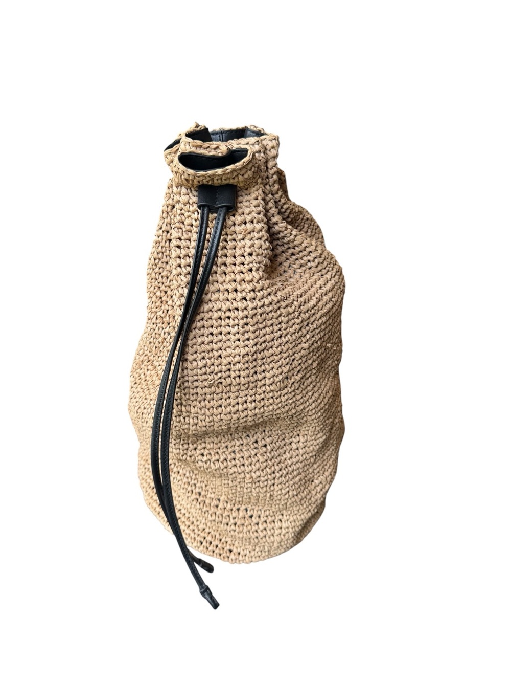 Massimo Dutti Tan Woven Drawstring Bucket Bag with Black Trim